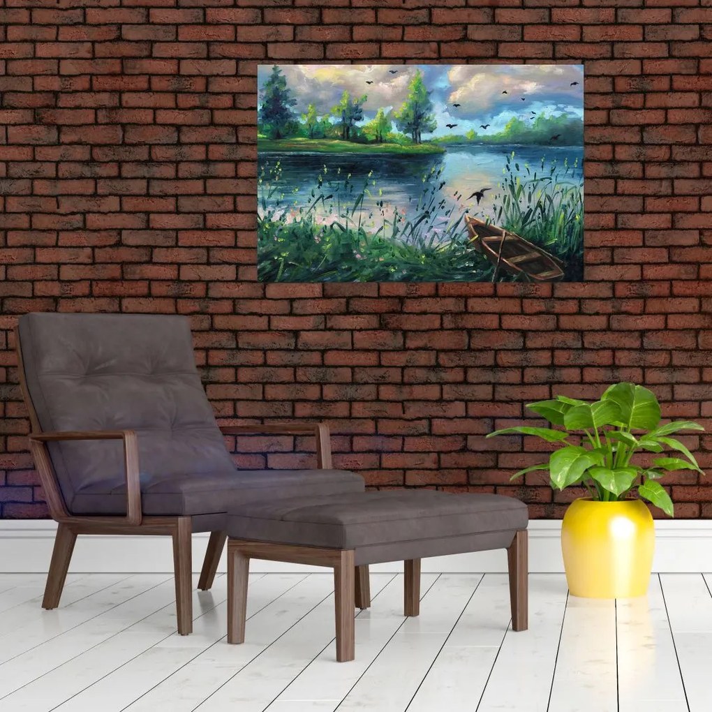 Tablou- Pictură în ulei, seară de vară lângă lac (90x60 cm)