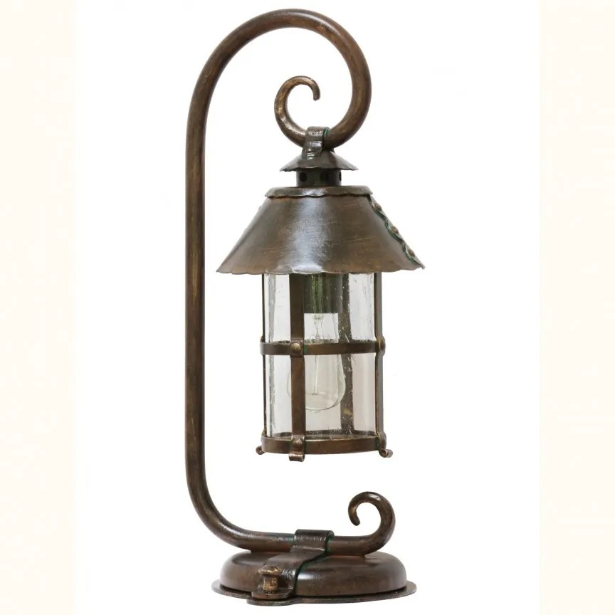 Stalp piedestral iluminat exterior design medieval cu felinar rotund si acoperis nituit, din fier forjat, inaltime 60cm, AL 6535