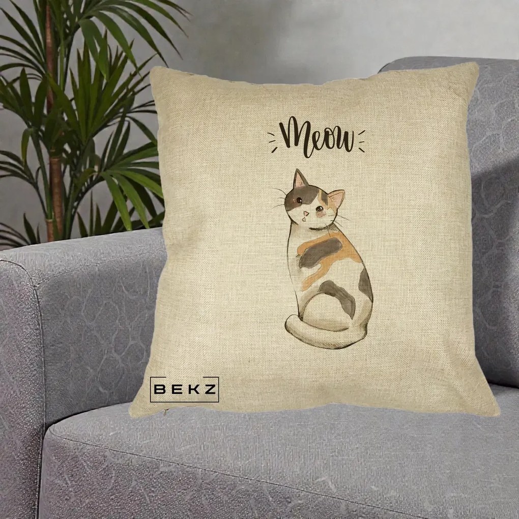 Perna Personalizata Pisica Meow Acuarela, 40x40 cm, Crem, Husa Detasabila, Perna Inclusa, BEKZ®