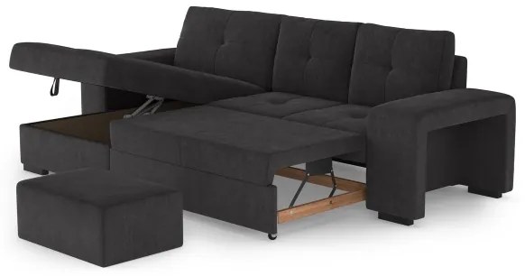 Canapea extensibilă cu spațiu de depozitare și taburet PALERMO, neagră, pe stânga
