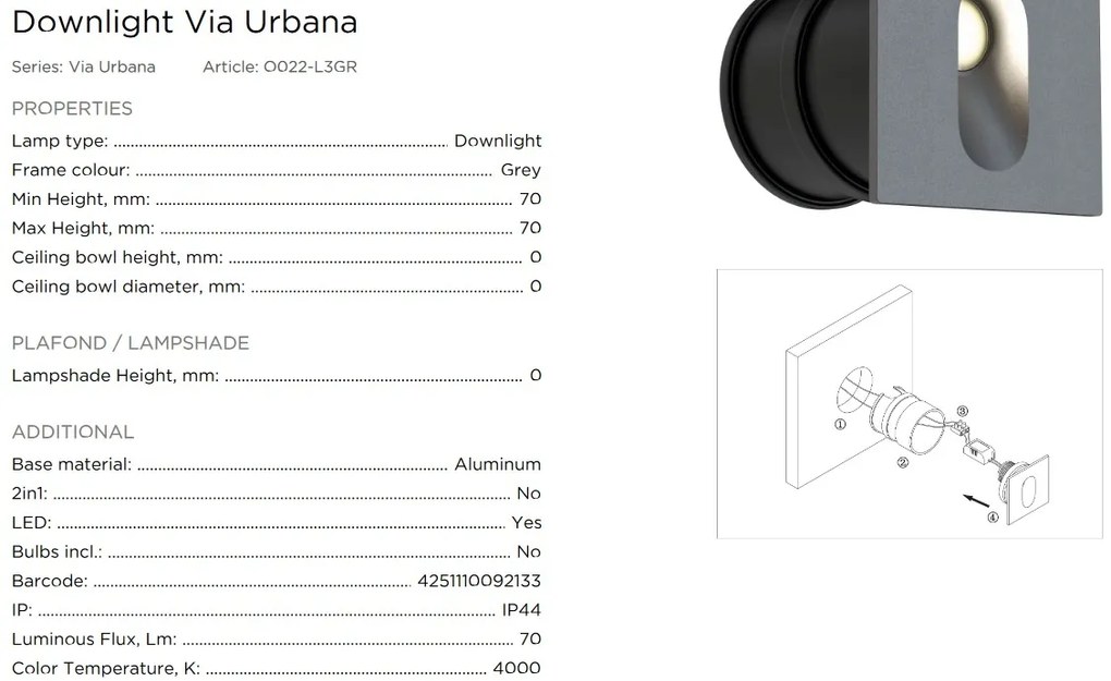 Spot LED incastrabil iluminat trepte scara exterior, IP44 Via Urbana gri MYO022-L3GR
