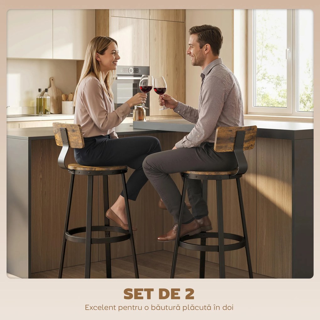 HOMCOM Set 2 Scaune de Bar, Șezuturi Rustice cu Spătar și Suport pentru Picioare, Maro Rustic | Aosom Romania