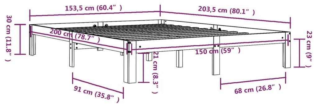 Cadru de pat King Size 5FT, 150x200 cm, gri, lemn masiv Gri, 150 x 200 cm