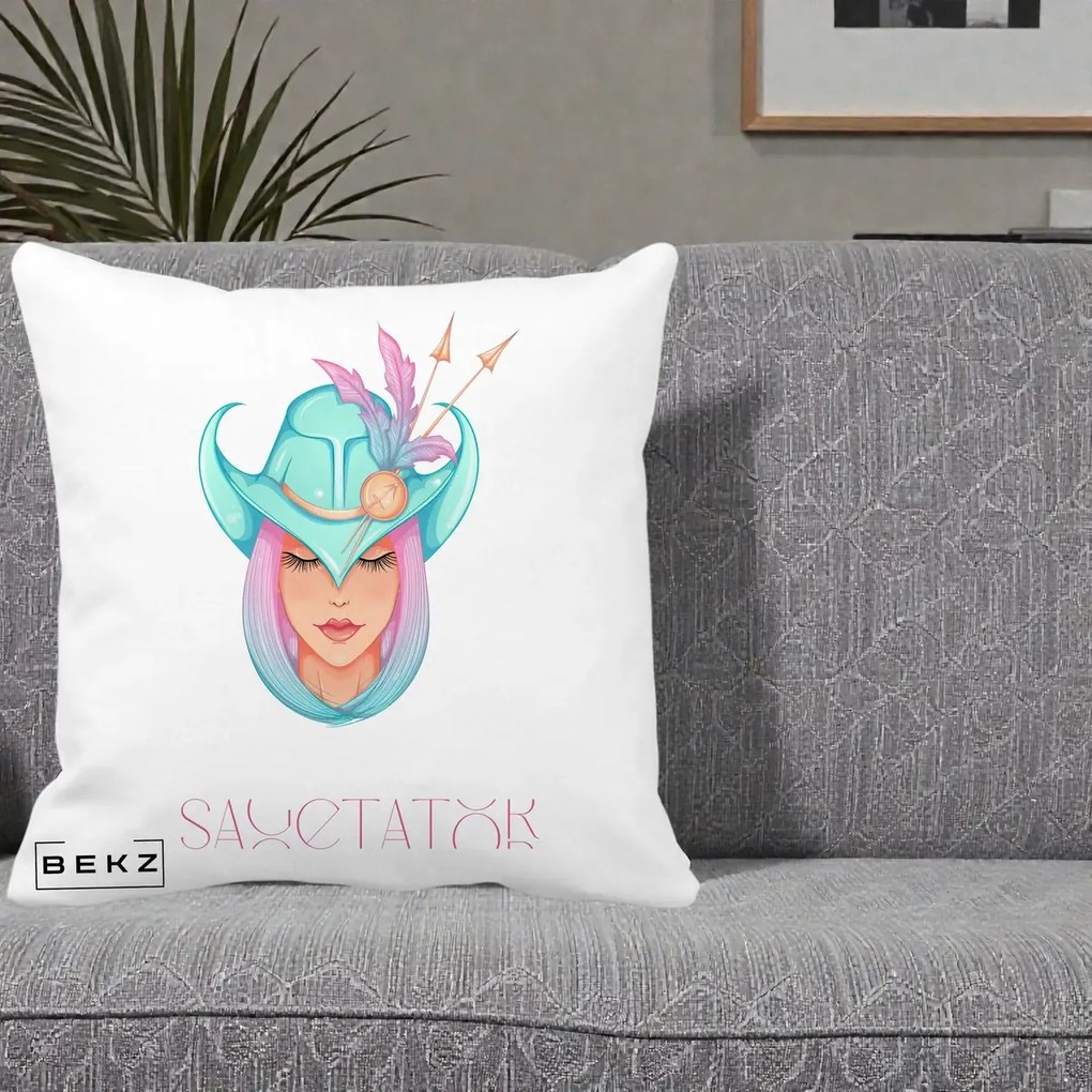 Perna Personalizata Zodiac Sagetator Cowgirl, 40x40 cm, Alba Mata, Husa Detasabila, Perna Inclusa, BEKZ®
