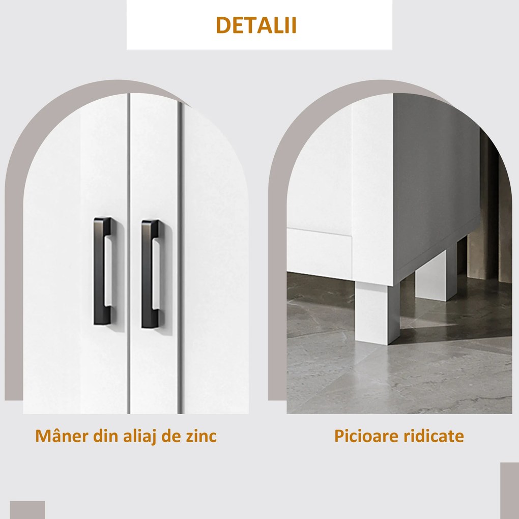 HOMCOM Bufet de Bucătărie din Lemn, Mobilier cu 3 Uși, Rafturi Reglabile, Stil Scandinav, pentru Living, Sufragerie, 90x30x90cm, Alb | Aosom Romania