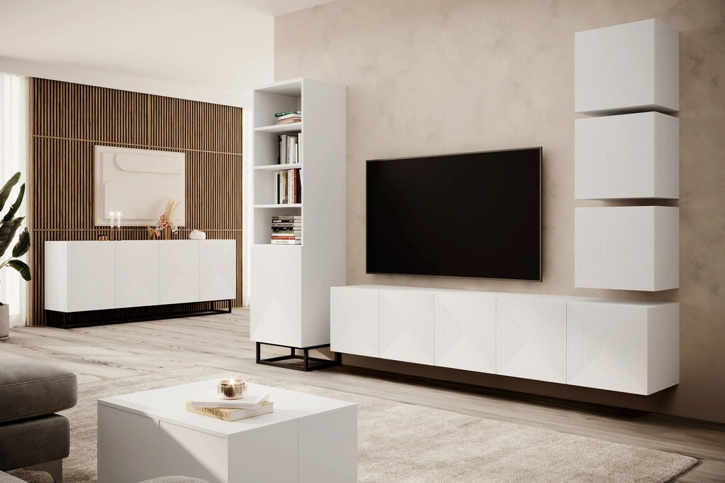 Comodă TV suspendată Asha 200 cm cu fronturi riflate - alb mat