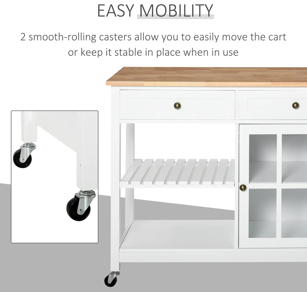 HOMCOM Carucior de Bucatarie din Lemn pentru Alimente si Ustensile, 2 Roti, Sertare si Polite, Multifunctional, Alb, 116,5x48x86,5cm | Aosom Romania