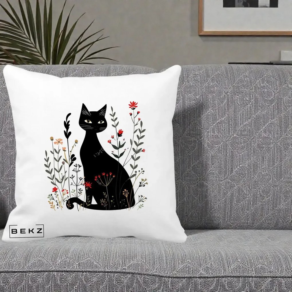 Perna Decorativa Pisica Neagra Botanica Rosu-Gri, 40x40 cm, Alba Mata, Husa Detasabila, Perna Inclusa, BEKZ®