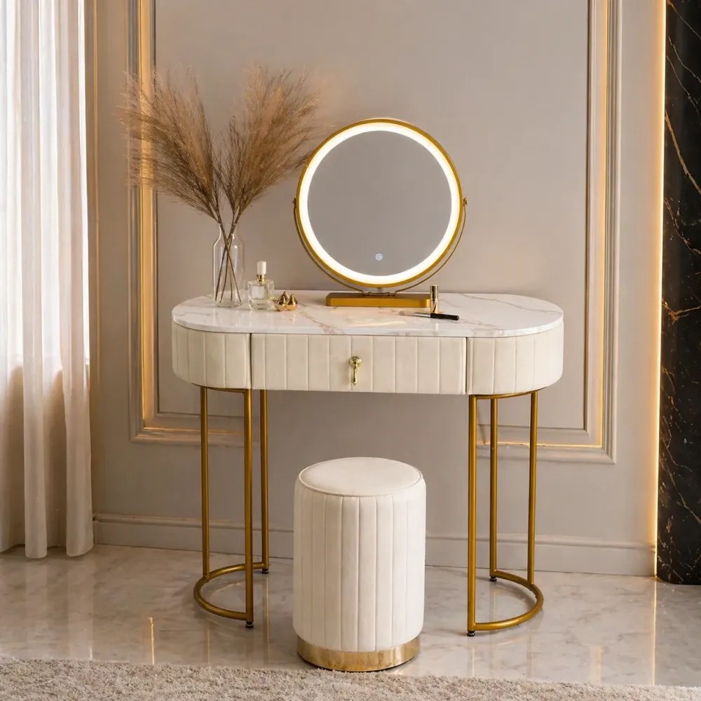 Set ASHLEY, Masă de toaletă pentru machiaj cu oglindă iluminată LED, control touch, sertar, taburet, 100x40x76 cm, Bej/Auriu