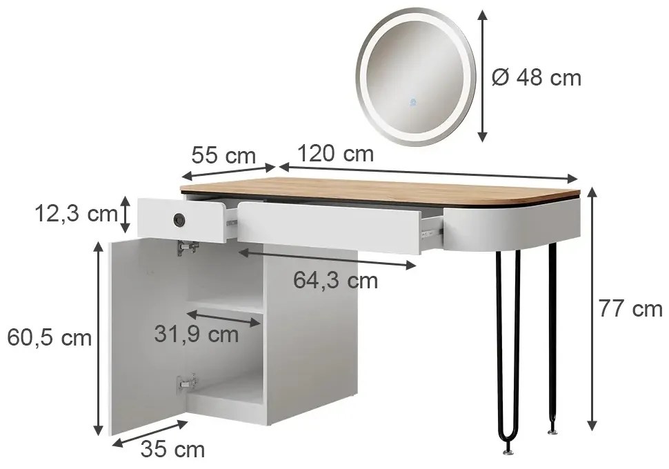 SEA808 - Set Masa toaleta 120 cm, cosmetica, machiaj, oglinda cu LED, masuta vanity - Alb - Negru - Culoarea Stejar