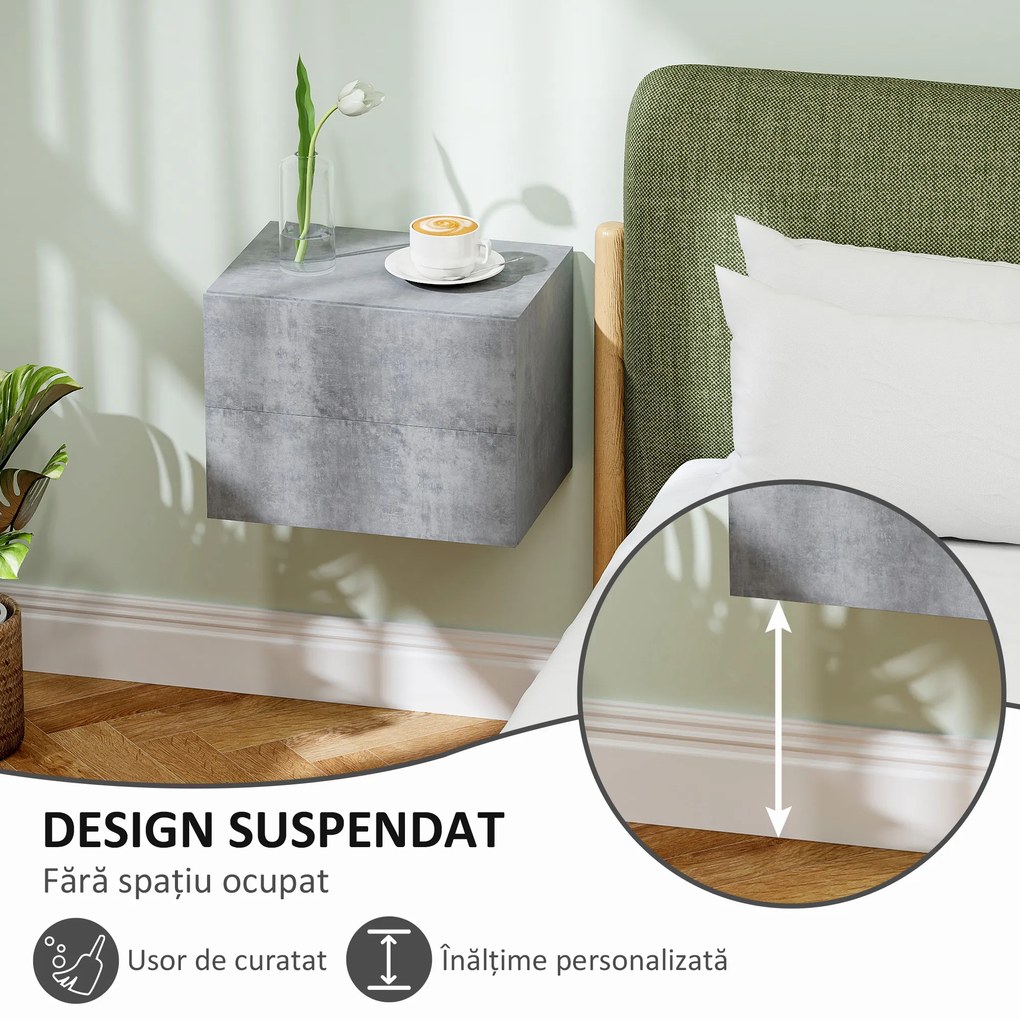 HOMCOM Set de 2 Noptiere Suspendate cu 2 Sertare, 40x29x30 cm, Gri | Aosom Romania
