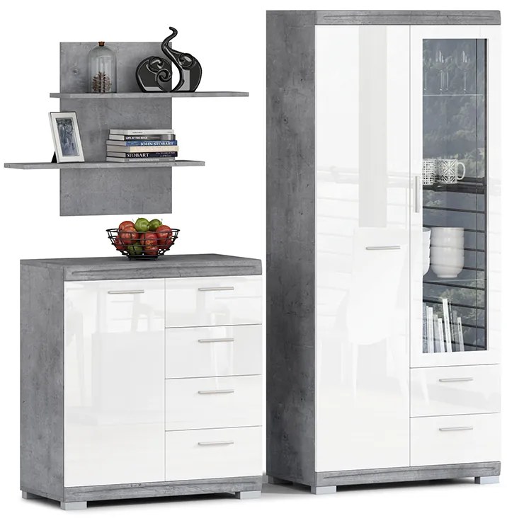 Mazzoni Set de mobilier SIMPLE Beton Millennium/Alb Luciu - VITRINĂ RAFTURI SUSPENDAT COMODĂ PENTRU LIVING