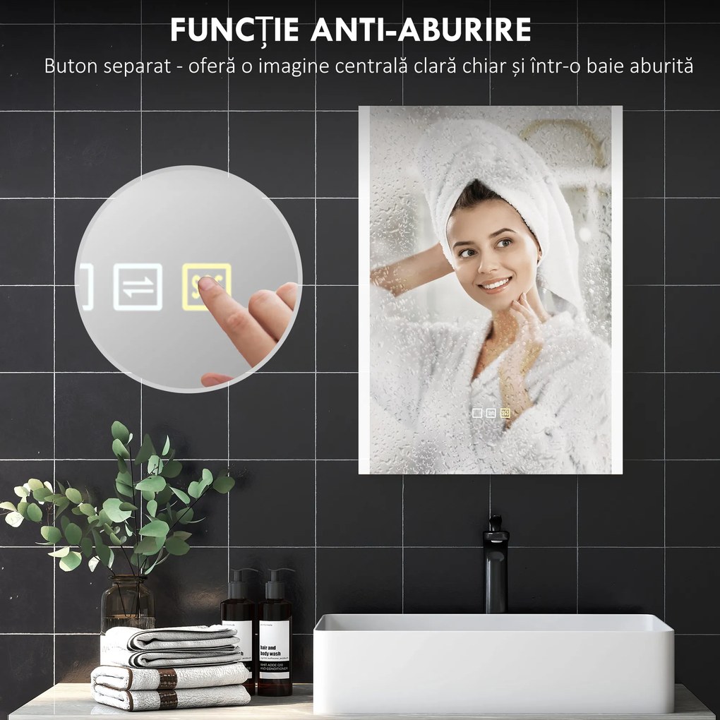 HOMCOM Oglindă LED 50x70 Antiaburire Touch IP44 | Aosom Romania