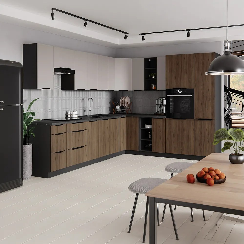 Dulap înalt pentru cuptor şi cuptor cu microunde, nuc okapi/negru, MENZO 60 DPM-210 2F