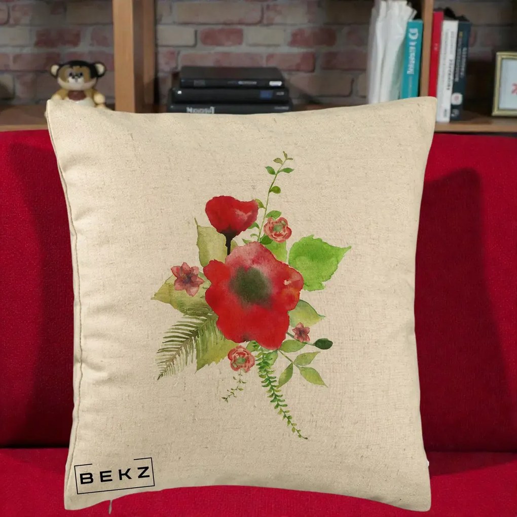 Perna Decorativa Buchet Rosu Acuarela, 40x40 cm, Bej, Husa Detasabila, Perna Inclusa, BEKZ®