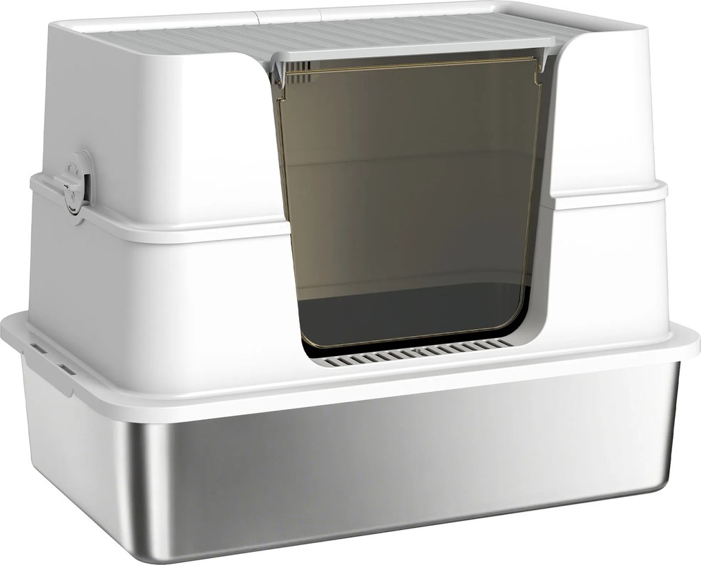 PawHut Toaletă pentru pisici, oțel inoxidabil, interior XL, cu lopată, gri deschis | Aosom Romania