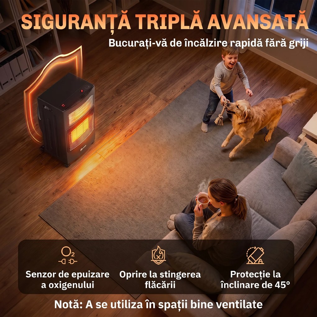 Outsunny Sobă pe gaz portabilă pliabilă 4,2 kW, neagră | Aosom Romania