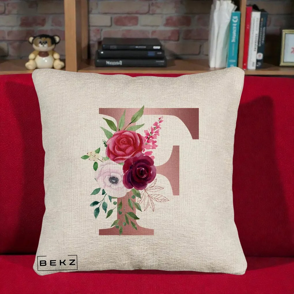 Cadou Personalizat - Perna Personalizata Monograma Rose Gold Litera F, 40x40 cm, Bej Canapea, Husa Detasabila, Perna Inclusa, BEKZ®