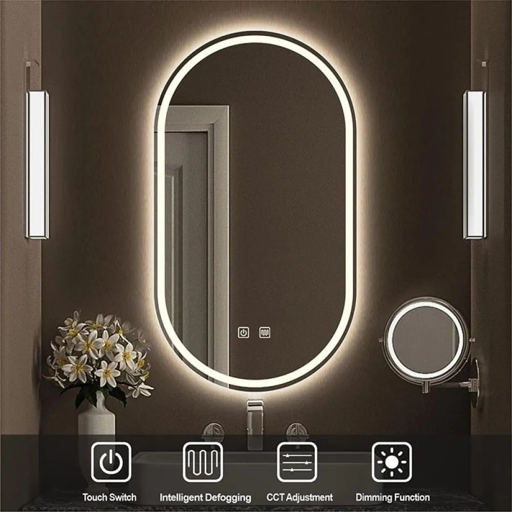 Oglindă Baie LED și Dezaburire Elit's Premium cu Senzor Touch, Lumina Rece, Caldă și Neutră, 50x80cm,