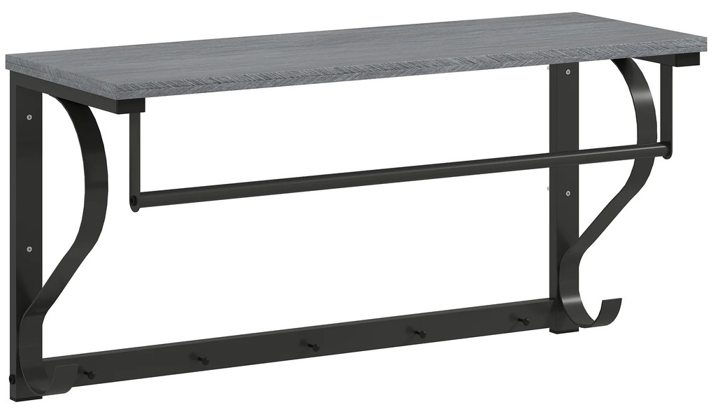 HOMCOM Suport perete garderobă, Cârlige haine montate pe perete, 5 cârlige, raft superior, versatil, Gri | Aosom Romania