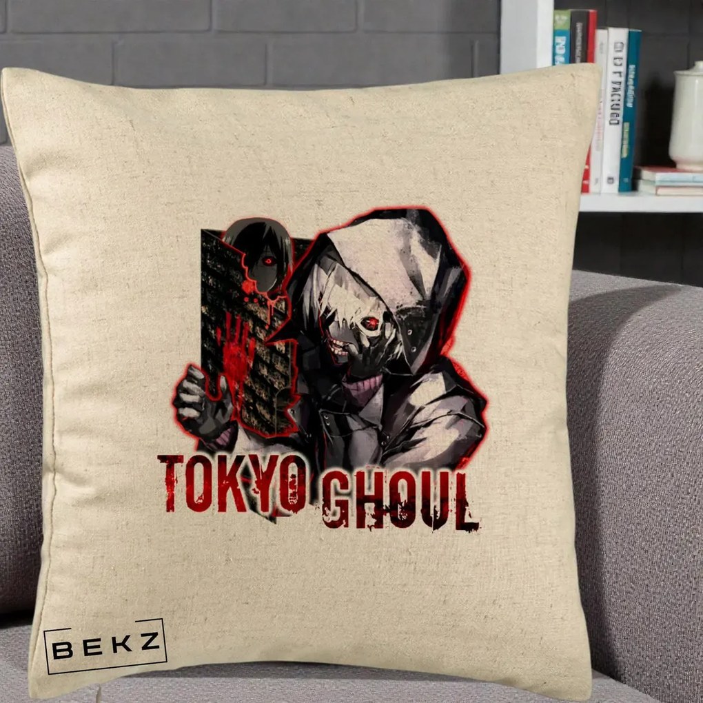 Perna Personalizata Tokyo Ghoul Ken Kaneki Anime, 40x40 cm, Bej, Husa Detasabila, Perna Inclusa, BEKZ®