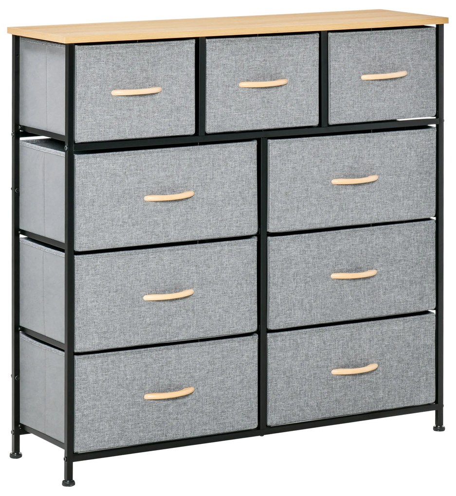 HOMCOM Comodă 9 sertare mobilier de depozitare sertar din material textil pliabil - structură oțel negru - 100 x 30 x 100 cm, stejar și gri | Aosom Romania