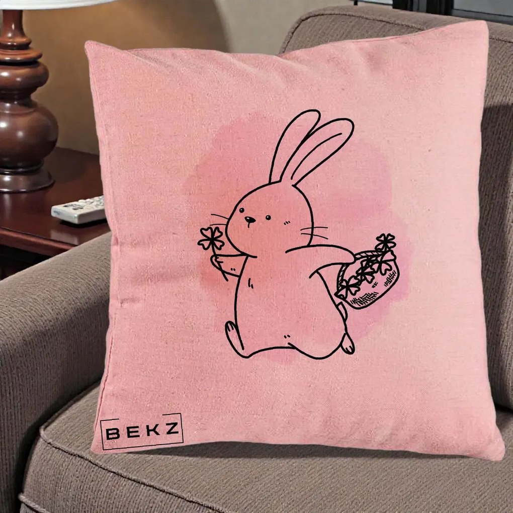 Perna Decorativa Iepuras Kawaii cu Cosulet Floral, 40x40 cm, Roz, Husa Detasabila, Perna Inclusa, BEKZ®