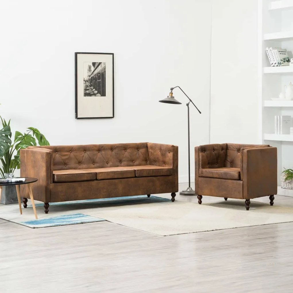 275625 vidaXL Set canapea Chesterfield, 2 piese, maro, tapițerie țesătură