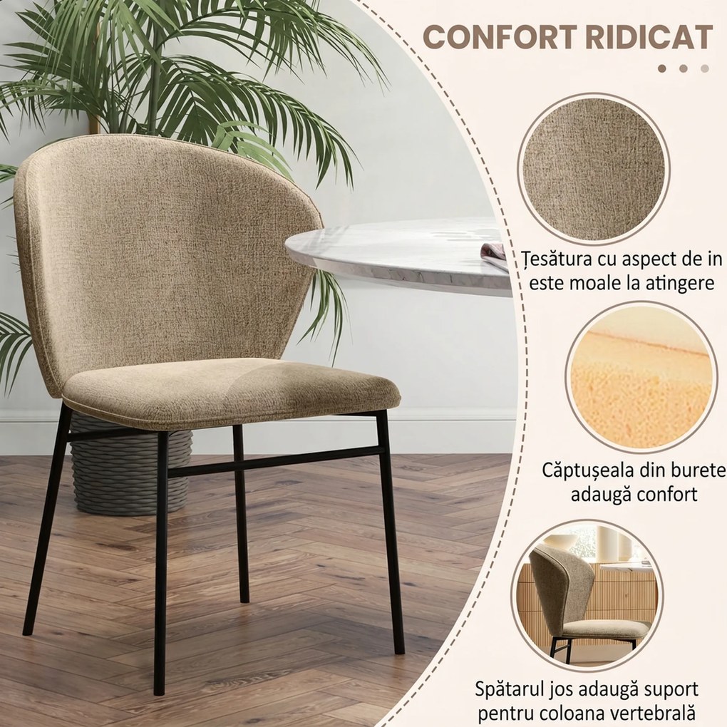 HOMCOM Scaun de masă, Design contemporan și elegant, Material textil cu efect de in, Oțel, 52 x 55 x 80 cm,  Maro deschis | Aosom Romania