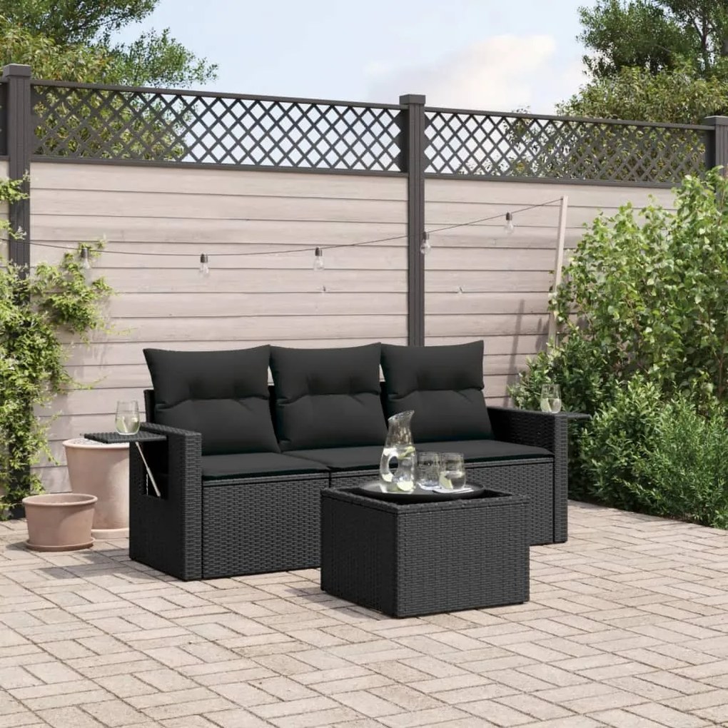vidaXL Set mobilier de grădină cu perne, 4 piese, negru, poliratan
