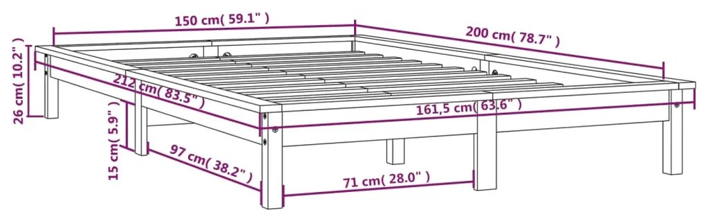 Cadru de pat King Size 5FT, gri, 150x200 cm, lemn masiv de pin Gri, 150 x 200 cm