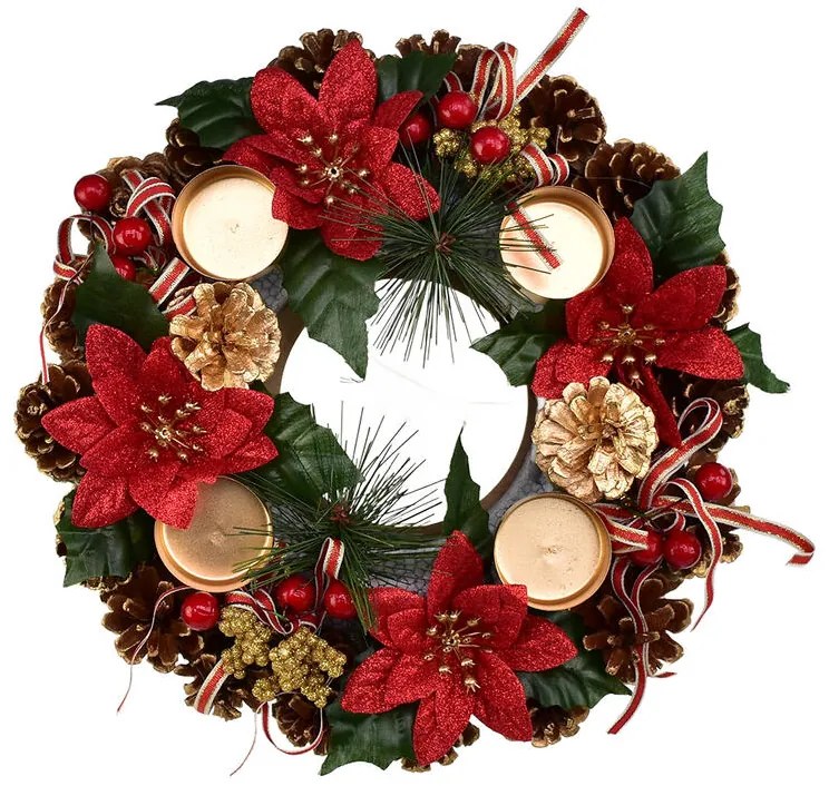 Coroniţă de Advent din conuri POINSETTIA cu fundiţe, 30 cm