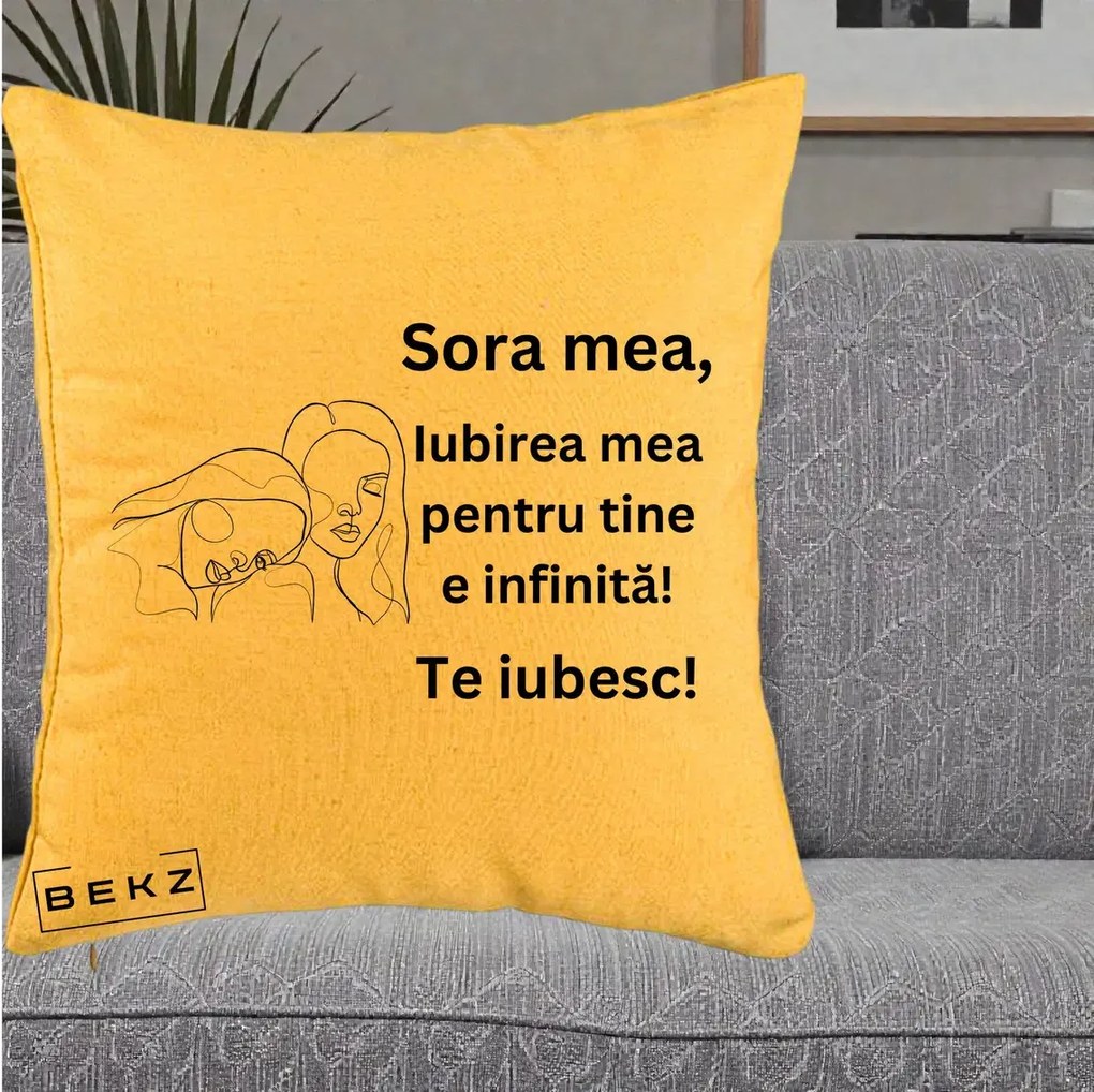 Cadou pentru Sora - Perna Personalizata Sora Mea Te Iubesc Line Art Portrete Fata in Fata, 40x40 cm, Galben, Husa Detasabila, Perna Inclusa, BEKZ®