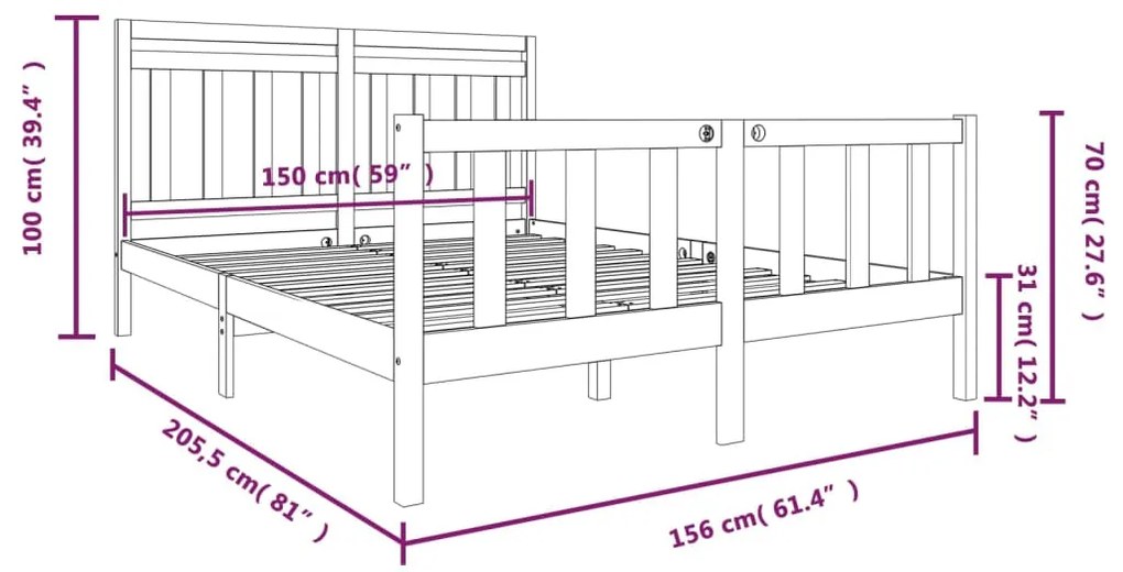 Cadru pat 5FT King Size, alb, 150x200 cm, lemn masiv Alb, 150 x 200 cm