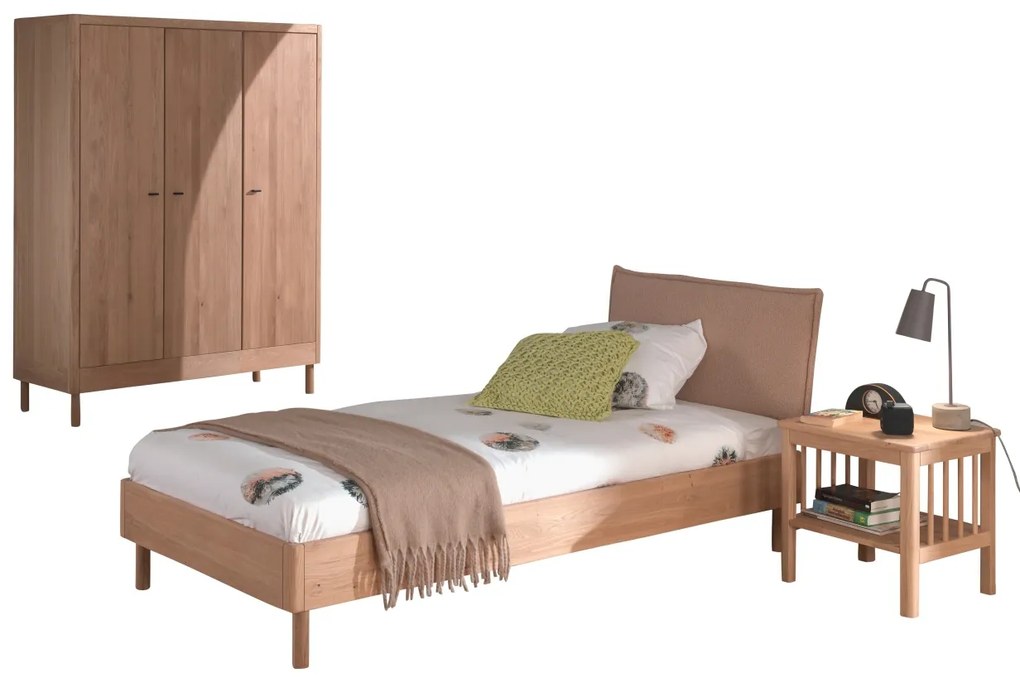 Set Mobilier Camera Copii Forrest Oak, Pat 90x200 cm cu Tăblie Textilă, Dulap cu 3 Uși și Noptieră, din Lemn de Stejar, Natur – Vipack