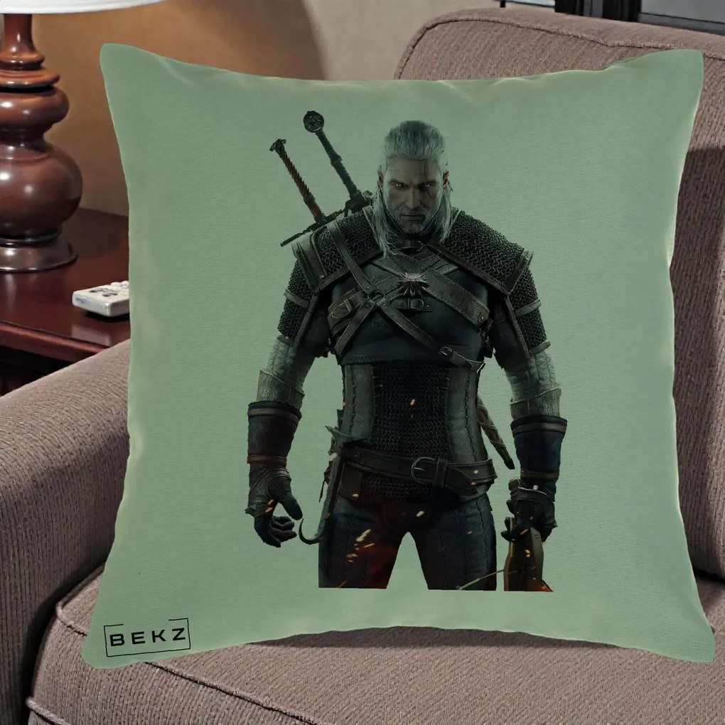 Perna Personalizata The Witcher Geralt of Rivia Portret, 40x40 cm, Verde, Husa Detasabila, Perna Inclusa, BEKZ®