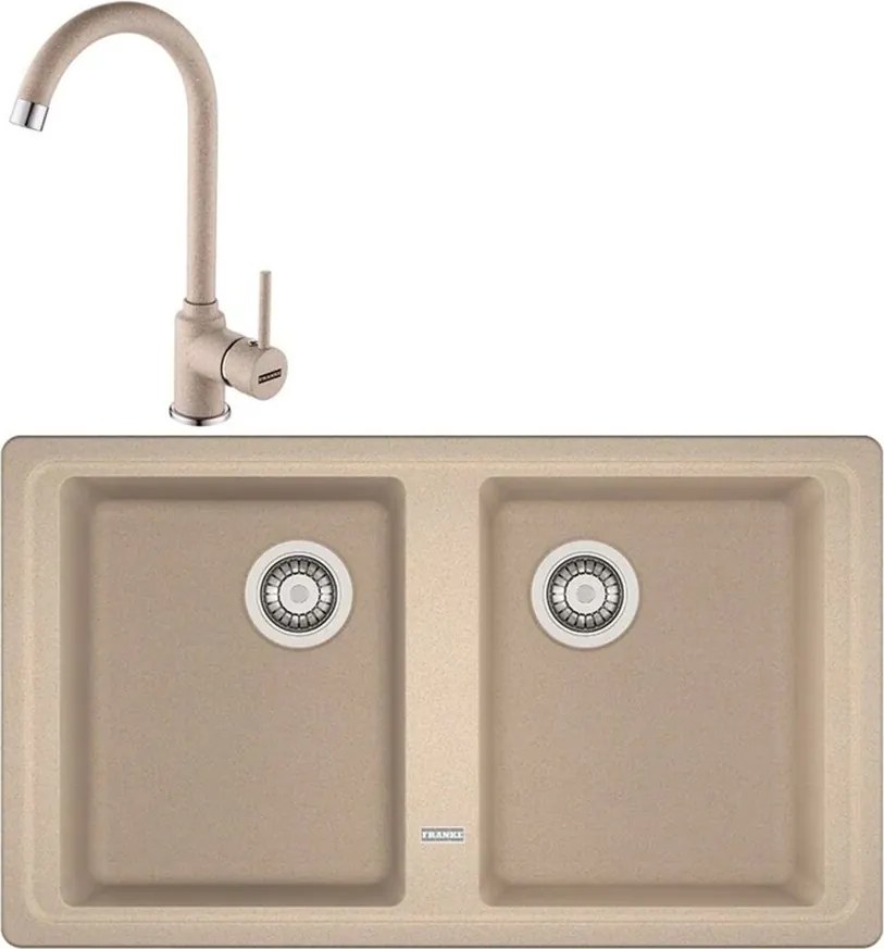Set chiuveta bucatarie compozit Franke Basis Avena 2 cuve fara picurator 86x50 cm finisaj bej mat cu baterie Pola