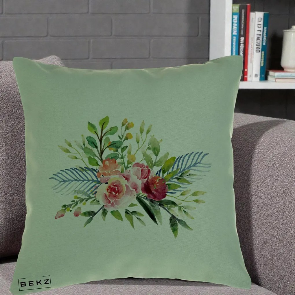 Perna Decorativa Buchet Flori Acuarela Roz-Verde, 40x40 cm, Verde, Husa Detasabila, Perna Inclusa, BEKZ®