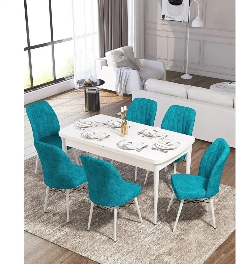 Set masa extensibila cu 6 scaune tapitate Homs cargold 250-30355,turcoaz, 170 x 80 cm