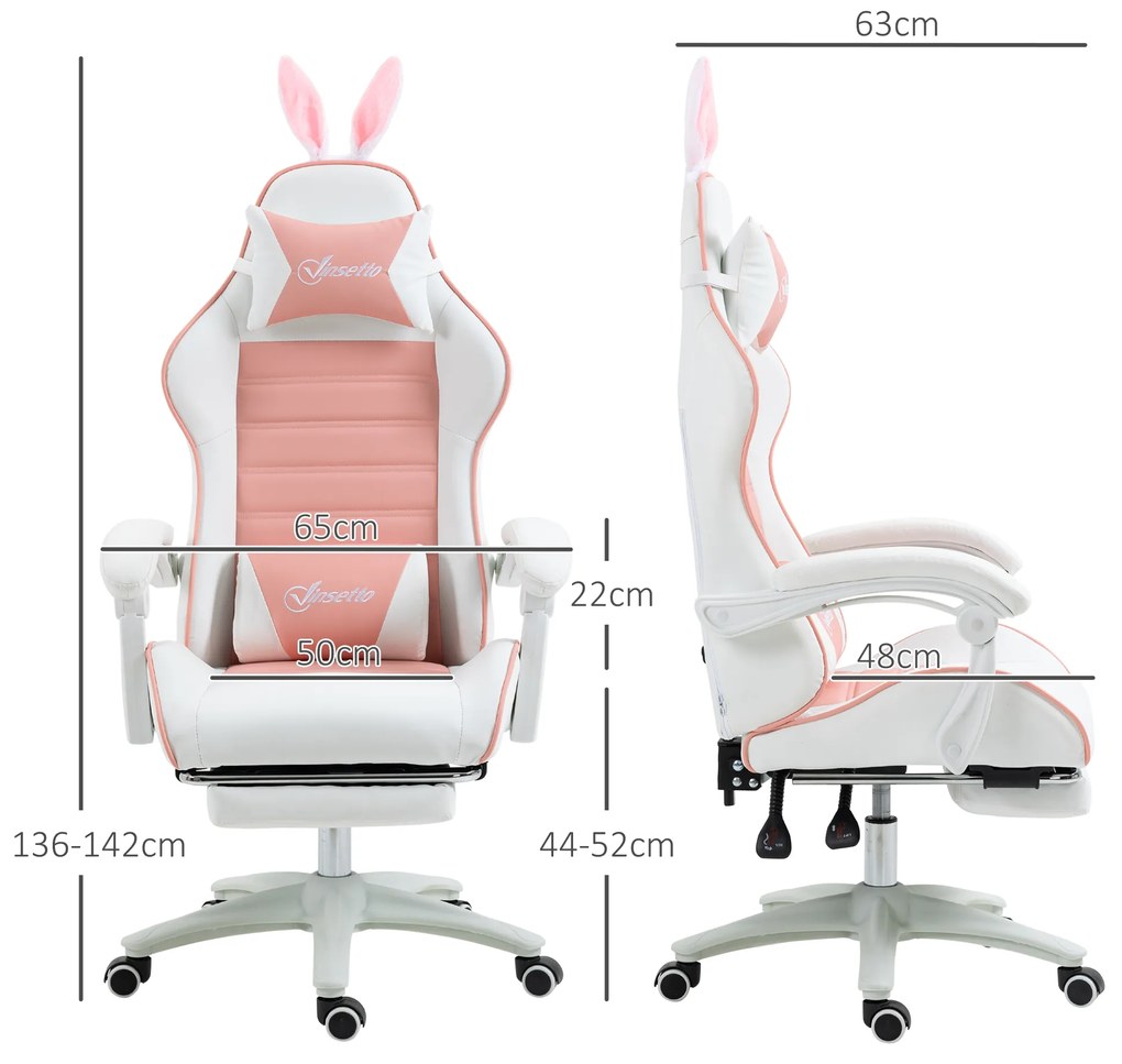 Vinsetto Scaun de Gaming Ergonomic cu Urechi de Iepure și Suport pentru Picioare Extensibil, 65x63x136-142 cm, Roz | Aosom Romania