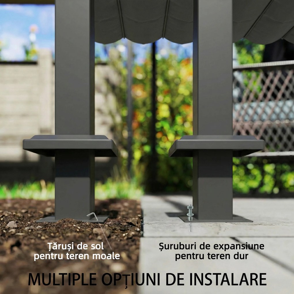 Outsunny Pergolă montată 3x3 m cu acoperiș retractabil glisant, guri de drenaj, pergolă de grădină din poliester și oțel, pentru terasă, curte, exterior, UV30+, Gri Închis | Aosom Romania