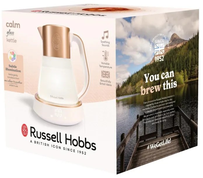 Russell Hobbs Calm Kettle 27450-70, 2400W, 1,7 l, 40-100°C, Fierbere silențioasă, butoane tactile, alerte sonore, 6 culori schimbătoare, Protect, fără BPA și PFAS, alb/dorat