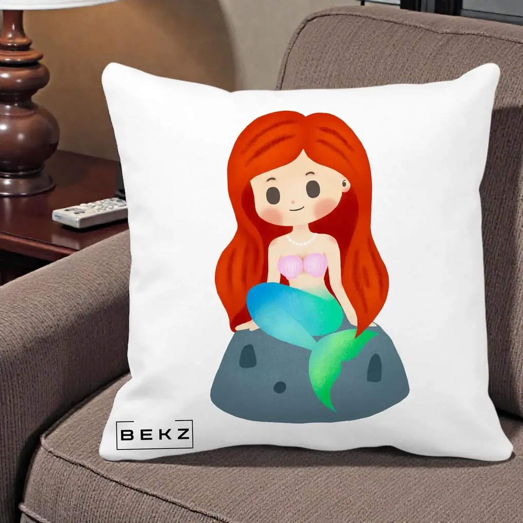 Perna Personalizata Sirena Kawaii Roscat, 40x40 cm, Alba Mata, Husa Detasabila, Perna Inclusa, BEKZ®