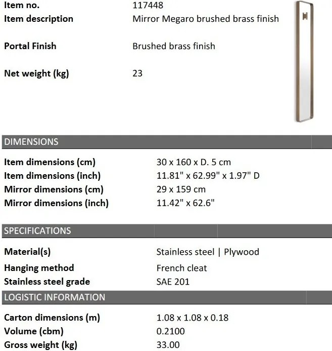 Oglinda decorativa design LUX Megaro Brushed brass 30x160cm