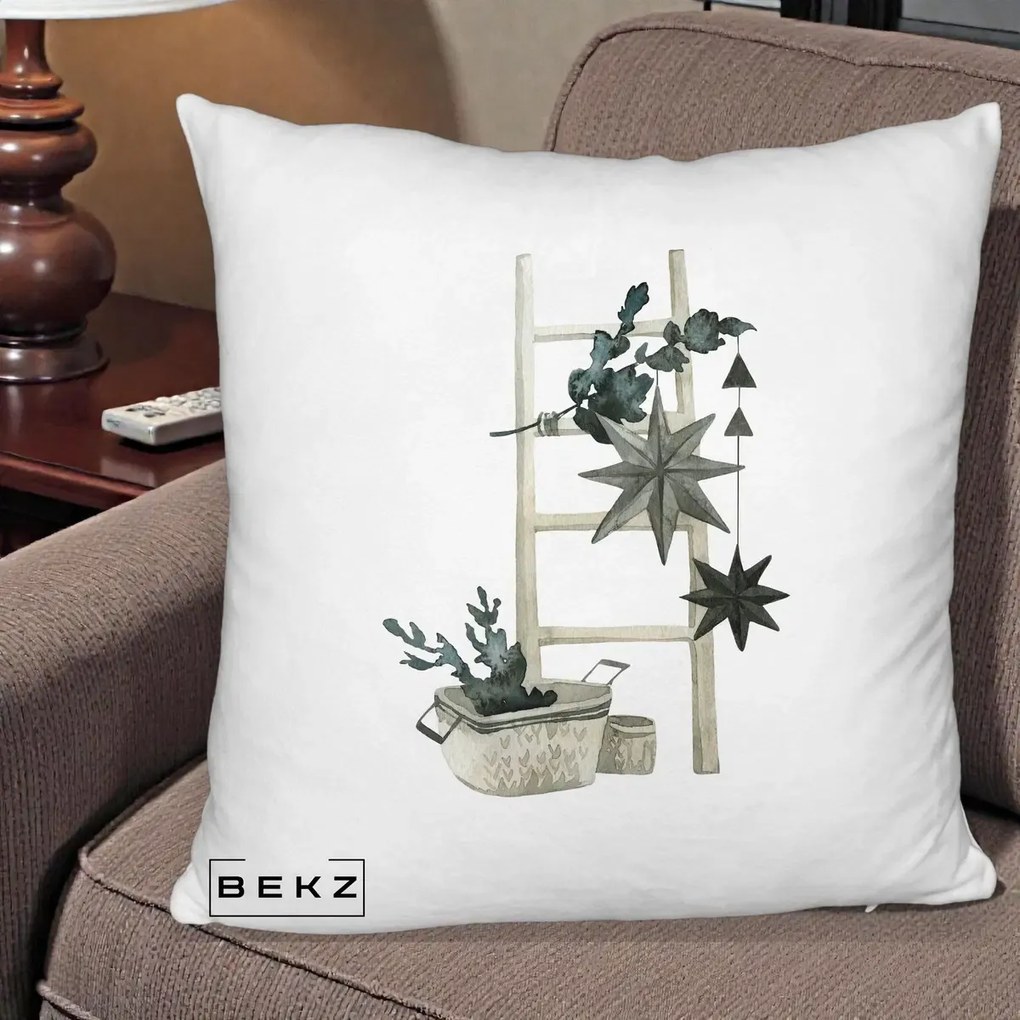 Perna Decorativa Scara Scandinavica cu Stele, 40x40 cm, Alb Pufos, Husa Detasabila, Perna Inclusa, BEKZ®