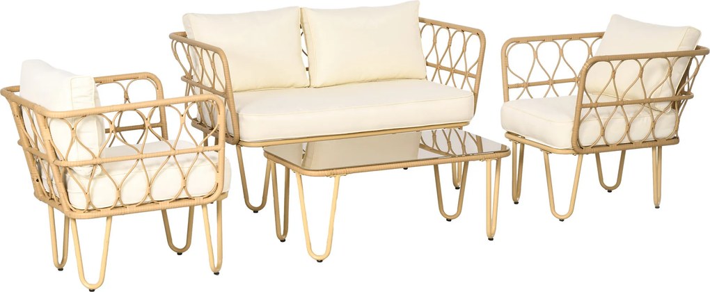 Outsunny Set de grădină canapea 2 locuri + 2 fotolii + 1 masă de cafea cu blat din sticlă securizată 7 perne ecru | Aosom Romania