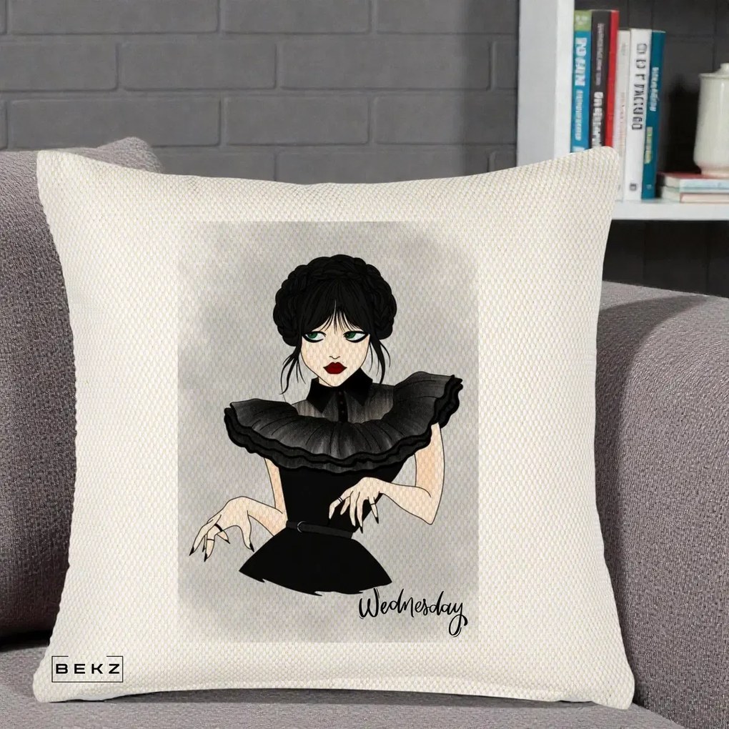 Perna Personalizata Wednesday Addams Portret Gotic, 40x40 cm, Crem Reliefat, Husa Detasabila, Perna Inclusa, BEKZ®