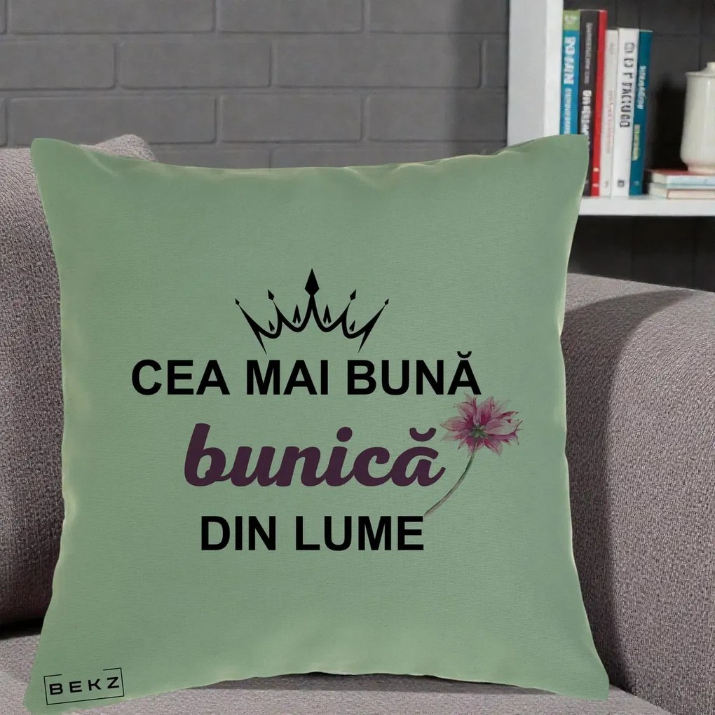 Cadou pentru Bunica - Perna Personalizata Cea Mai Buna Bunica Din Lume Coroana Mov Floare Roz, 40x40 cm, Verde, Husa Detasabila, Perna Inclusa, BEKZ®