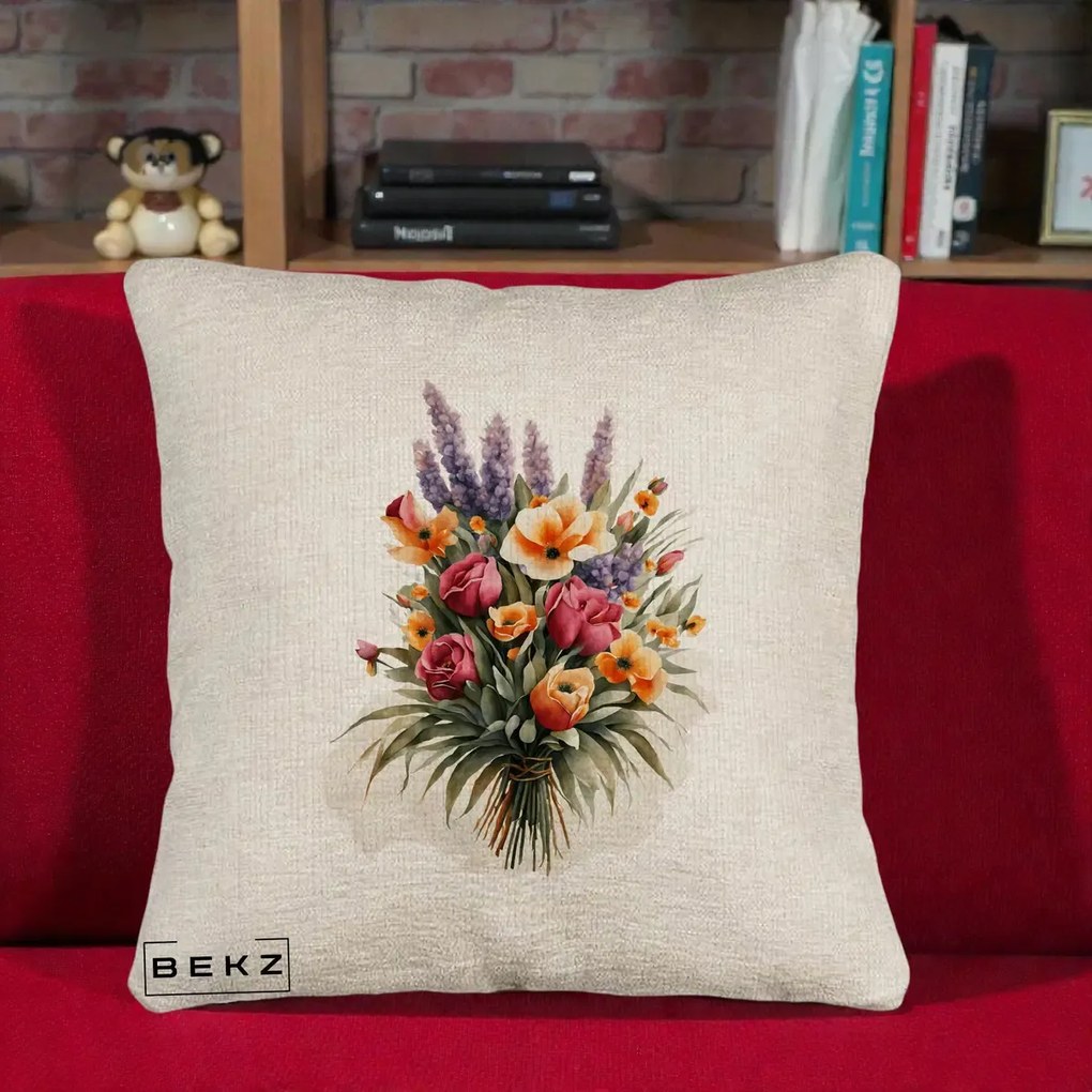 Perna Decorativa Buchet Mixt Acuarela Lavanda-Trandafiri, 40x40 cm, Bej Canapea, Husa Detasabila, Perna Inclusa, BEKZ®