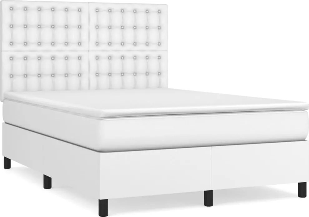vidaXL Pat box spring cu saltea, alb, 140x200 cm, piele ecologică
